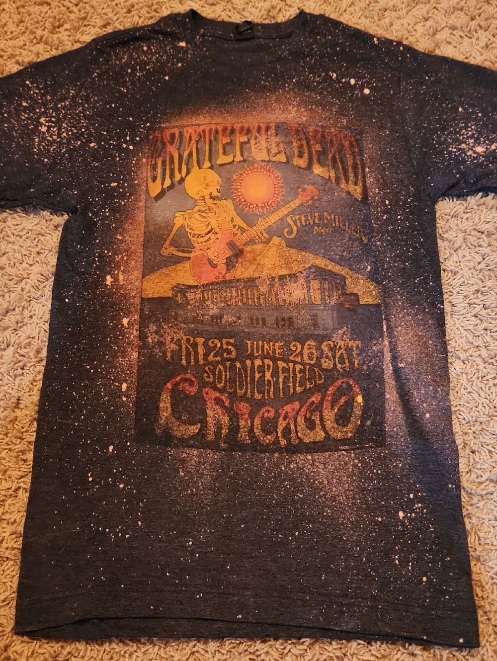 Grateful Dead Chicago Concert Graphic Tee - Black with Bleach Splatter Womans XS
